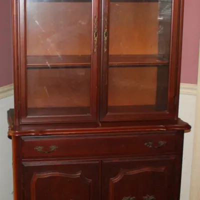 Vintage Wooden China Cabinet
$180.00
35in. x 18in. x 67in. 

- 2 Glass display doors
- 1 single drawer
- Lower Cabinet Storage