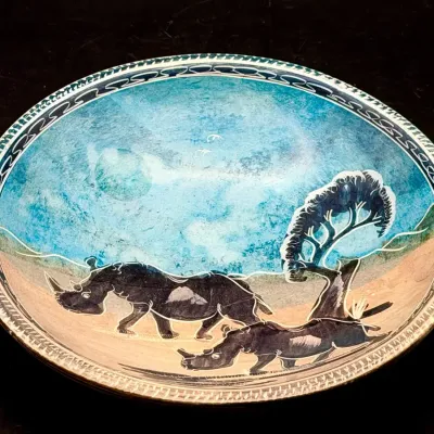 Kisii Soapstone African Trinket Dish With Rhino Motif 