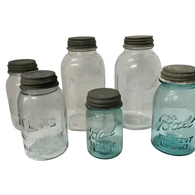 6 Vintage Assorted Mason Jars Metal Screw Tops