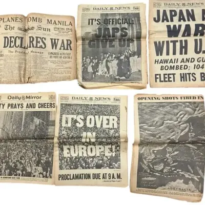 6 WWII Newspapers Pearl Harbor, V-E Day and V-J Day