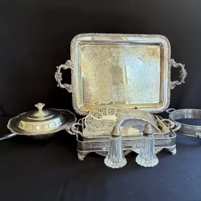 Silver-Plated Tray, Casserole Holder, Chafing Dish, Salt/Pepper Set & Trivets 
