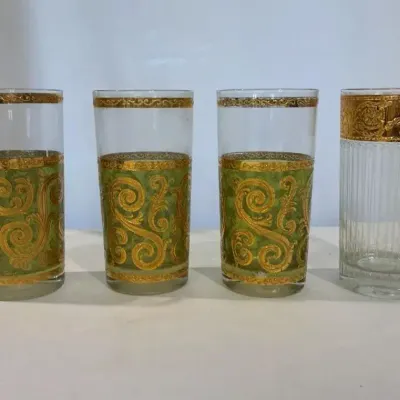 Vintage MCM Culver Toledo Gold/Green Tall Tumblers High Ball Glasses: Set of 4