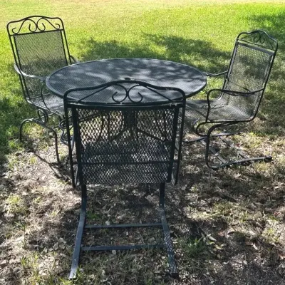 Vintage Wrought Iron Patio Dining Set - Table And 3 Spring Chairs