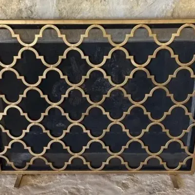  Moroccan Quatrefoil Style Gold Metal Fireplace Screen