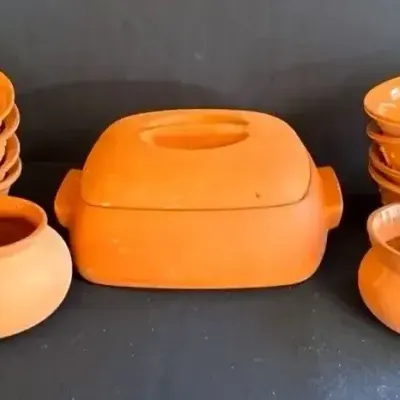 Vintage Terra-Cotta Glaze Ceramic Casserole Dish & Bowls