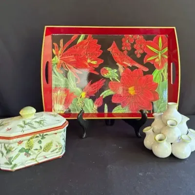 Vintage Italian Glazed Ceramic Cluster Bud Vase, Michel Design Works Tray, Crackle Porcelain Jar 