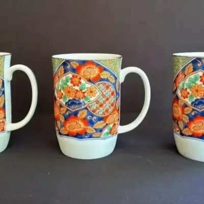 Coffee Tea Mug Cup Gumps Japan GUM26 Imari Flowers Orange Blue Set Of 3