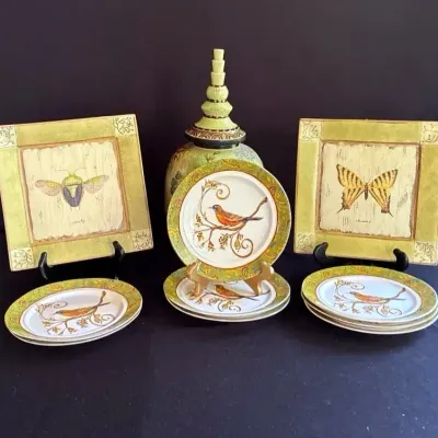 Decorative Nature Theme Home Decor Collection, Bird Plates, Floral Vase, And Butterfly Trays