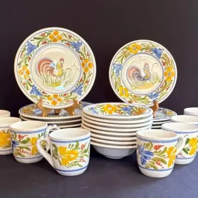 IK Hand painted In Greece  Chanticleer Rooster pattern Plates/Bowls/Cups