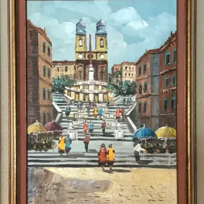 Framed Mid-20th-Century Impressionist-style Oil Painting Spanish Steps