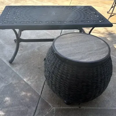 Patio Accent Tables - Cast Aluminum Coffee Table & Woven Resin Wicker Barrel Side Table