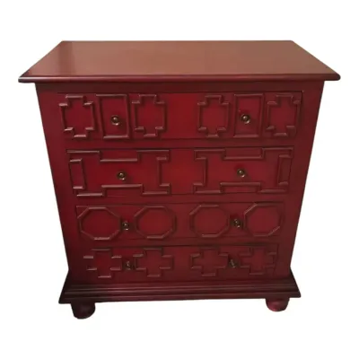 Three Hands Red Chinoiserie 4-Drawer Accent Chest Nightstand – Geometric Fretwork