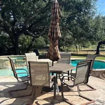 Metal Patio Dining With Table, 6 Sling Chairs, & Sunbrella Crank Umbrella With Base