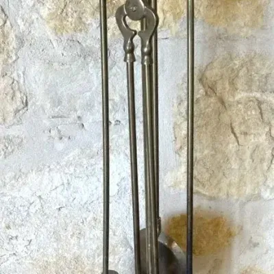  Vintage Hollywood Regency Style Solid Brass And Green Marble Fireplace Tool Set