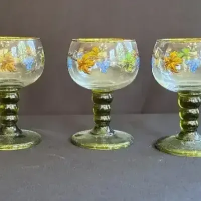 Vintage German Roemer Wine Glasses Green/Gold Grape Leaves: Set Of 5