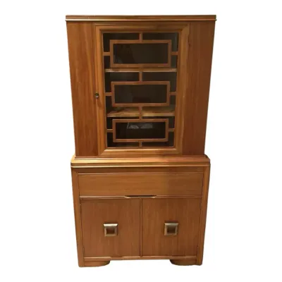 Vintage China Cabinet/Hutch–Geometric Glass Door & Brass Hardware 