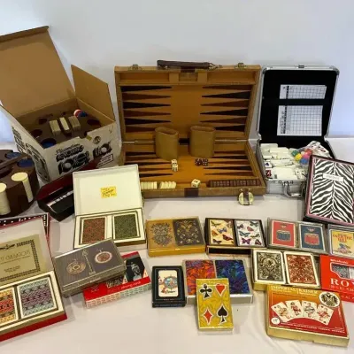 Vintage Game Collection – Backgammon, Playing Cards, Dominoes, Poker, Chips, And More