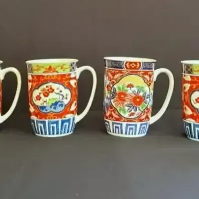 Vintage Takahashi San Francisco Imari Coffee Cup Mug, Japan w/ Gold Foil Sticker- Set Of 6