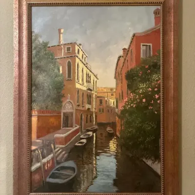 Framed Venice Italy Canal Oil Painting – Italian Cityscape Wall Art
