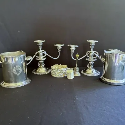 Vintage Baroque Three Candlestick Candelabra Wallace Silverplated, Wine Buckets & More