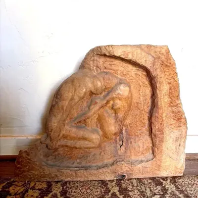 Vintage Wood-carved High-relief Panel, Crouching Woman’s Figure | Heavy | 1st Hr Pup