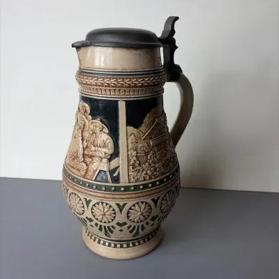 2-Liter German Stoneware Beer Stein, Vintage 