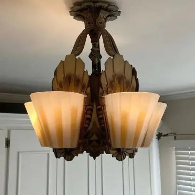Art Deco Iron, 5-Light, Slipper Shade Chandelier, 1930’s, Excellent Condition
