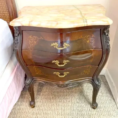 Antique French Louis XV-Style Marble Top Inlaid Bombe Commode Table 