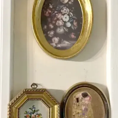 Set of 3 Mini Antique Style Oval and Hexagon Gold Framed Paintings