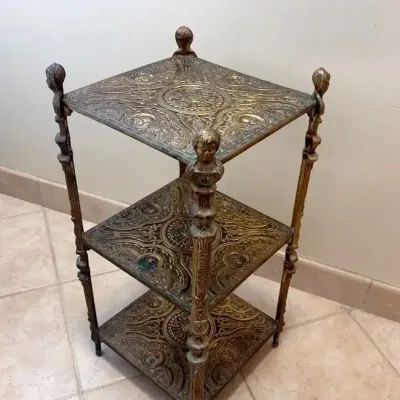 3-Tier Brass Repoussé Étagère, Vintage 