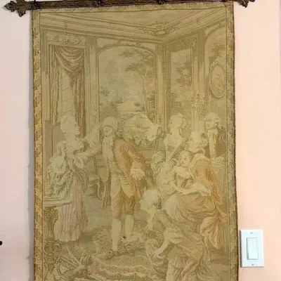 French Rococo Tapestry with Iron Rods, Vintage 