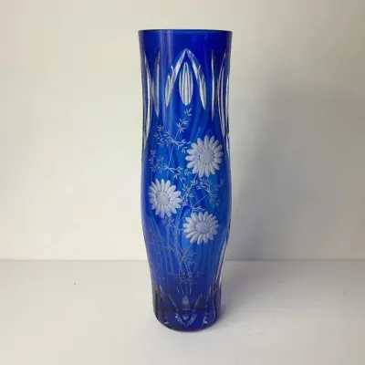 Vintage Bohemian (Czech) Cut-to-clear Cobalt Blue Crystal Vase