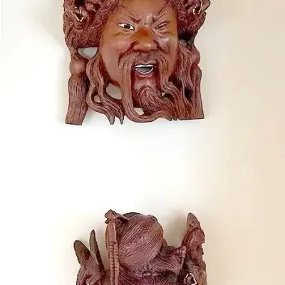 Chinese Hand-carved Rosewood Daoist Deities Masks, 2 Pieces 