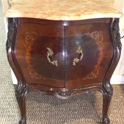 Antique French Louis XV-Style Marble Top Inlaid Bombe Commode Table 