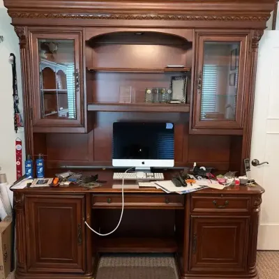 Traditional Executive Credenza Desk with Display Hutch, Large and Heavy