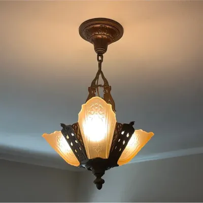 Art Deco Slip-Shade Opaque Glass & Wrought-iron Ceiling Lamp, Antique 