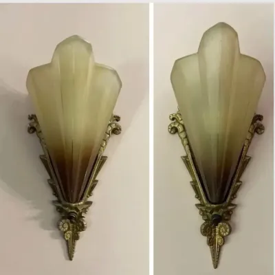 Vintage American Art Deco Set of 2 Sconces, Bronze and Glass, Slip Shade, 1930s