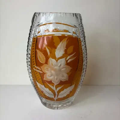 Vintage Bohemian Amber Overlaid Cut-to-clear Crystal Vase