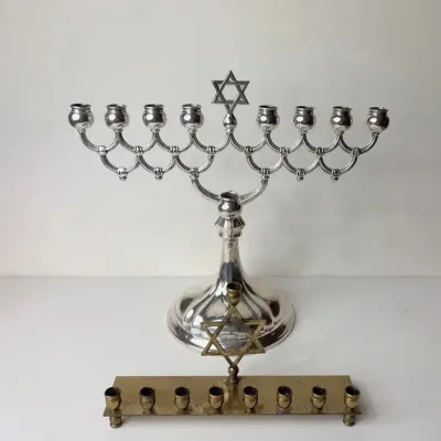 835 Silver and Brass Menorah Candle Holders, Vintage 