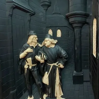 Gothic Medieval Scene, Polychrome Bas-Relief Plaque  