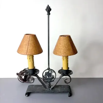  Antique Double-light Wrought Iron Lamp, Classic Bouillotte-style, Tested