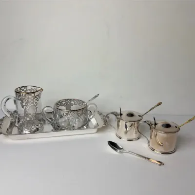 5 Pieces Silverplate with Baroque Wallace Tray, Cobalt Blue Inner Glass Cups