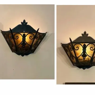 Antique Set Decorative Metal and Parchment Sconces, Good Working Condition