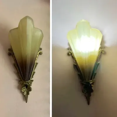 Vintage American Art Deco Set of 2 Sconces, Bronze and Glass, Slip Shade, 1930s