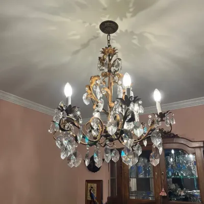 Antique Crystal and Metal Floral Chandelier, Excellent Working Condition   