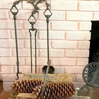 Wrought-iron Fireplace Tools and Log Cradle, Vintage 