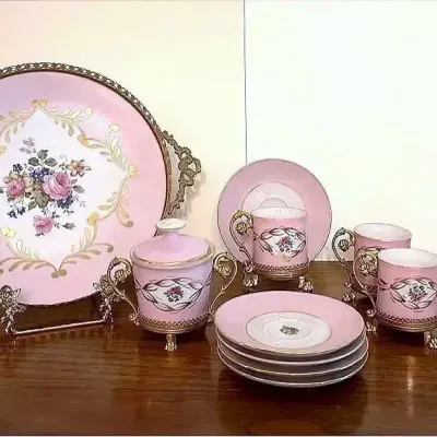 Antique T Limoges Rococo-style Pink Porcelain Tea and Coffee Service, 11 Pieces 