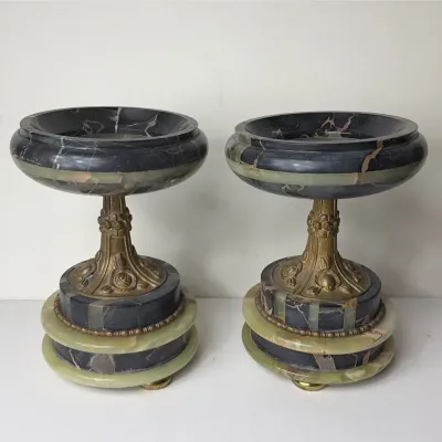 Antique Neoclassical French Tazzas aka Cassolette Marble Pedestal Stands, Pair