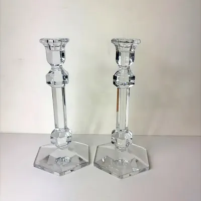 Val St Lambert Crystal Candle Holders, Pair 