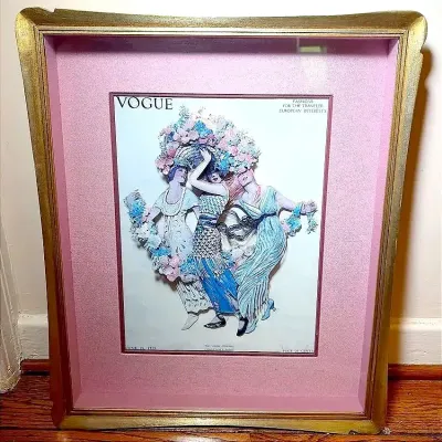 Art Decoupage 3-D Paper Craft, “Three Women with Flowers", Goldtone Frame